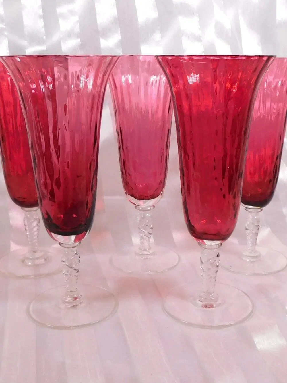 Lot of Five Pink Ribbed Stemware Glasses with Clear Bases # 26621